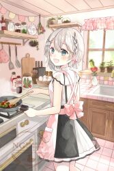  1girl :d apron back_bow basket bird black_skirt blue_eyes blush bow braid cabinet ceiling collared_shirt commentary_request commission cooking counter criss-cross_back-straps cucumber curtains cutting_board double-parted_bangs egg_(food) egg_yolk feet_out_of_frame flower food frilled_curtains frilled_shirt_collar frills from_side frying_pan green_bird hair_between_eyes hair_ornament hair_ribbon hairclip highres holding holding_frying_pan holding_ladle indoors jar ketchup ketchup_bottle kitchen ladle lettuce looking_to_the_side meat medium_skirt open_mouth original pink_apron pink_bow pink_ribbon plant potted_plant red_flower red_rose ribbon rose salt_shaker shirt short_hair short_sleeves side_braid single_braid sink skeb_commission skirt smile solo spatula standing steam stove tententuyu tile_floor tiles tomato turning_head vase wall_shelf watermark white_hair white_shirt white_skirt window x_hair_ornament 