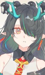  1girl aqua_hair arknights bare_shoulders bitey_(arknights) black_eyes black_hair blue_hair chinese_commentary collared_shirt commentary_request contrast_collar dragon_girl dragon_horns dusk_(arknights) earrings green_hair hair_over_one_eye highres horns jewelry long_hair looking_at_viewer multicolored_eyes multicolored_hair orange_eyes parted_lips pointy_ears portrait shirt sleeveless sleeveless_shirt solo streaked_hair tang_cu_caihong two-tone_eyes 