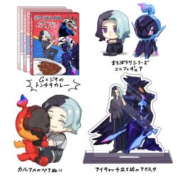  1boy amethio_(pokemon) blush bright_pupils ceruledge charcadet chibi closed_eyes closed_mouth commentary_request copituji highres male_focus multicolored_hair multiple_views pants pokemon pokemon_(anime) pokemon_(creature) pokemon_horizons shirt shoes sitting smile translation_request violet_eyes white_pupils 