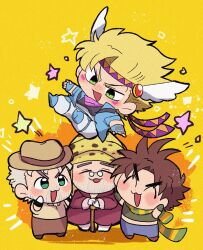  4boys :3 arms_up battle_tendency beard blonde_hair blush_stickers brown_hair caesar_anthonio_zeppeli cane chibi closed_eyes crop_top diamond_wa_kudakenai facial_hair facial_mark fingerless_gloves gloves green_eyes hat headband highres jojo_no_kimyou_na_bouken joseph_joestar joseph_joestar_(old) joseph_joestar_(young) male_focus motu705 multiple_boys multiple_persona old old_man open_mouth pince-nez scarf smile star_(symbol) stardust_crusaders striped_clothes striped_scarf yellow_background 