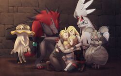  2boys 2girls :o alolan_vulpix alternate_color artist_name aurantia_ignis beard black_hoodie black_pants blonde_hair bracelet brick_wall bright_pupils brother_and_sister brown_pants brown_shoes claws closed_eyes closed_mouth facial_hair fangs father_and_daughter father_and_son floating gladion_(pokemon) green_vest grey_eyes group_hug hood hoodie hug husband_and_wife indoors instrument jellyfish jewelry kneeling lillie_(nihilego) lillie_(pokemon) long_hair long_sleeves lusamine_(pokemon) magearna magearna_(normal) mohn_(pokemon) mother_and_daughter mother_and_son multiple_boys multiple_girls nihilego open_mouth pants piano pokemon pokemon_(anime) pokemon_(creature) pokemon_journeys robot shiny_pokemon shirt shoes short_hair siblings silvally skirt smile spoilers standing tentacles vest white_pupils white_shirt white_skirt z-ring zoroark 