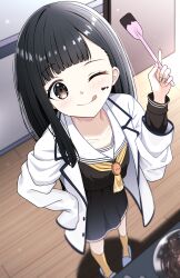  1girl ;q absurdres baking black_hair blazer brown_eyes brown_sailor_collar brown_serafuku chocolate chocolate_on_face commentary_request commission cpk_prd food food_on_face from_above hand_on_own_hip highres indoors jacket long_hair looking_at_viewer make_heroine_ga_oo_sugiru! neckerchief nukumizu_kaju one_eye_closed pixiv_commission sailor_collar school_uniform serafuku sleeves_past_fingers sleeves_past_wrists smile solo tongue tongue_out white_jacket yellow_neckerchief 