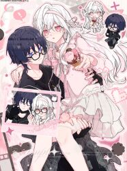  1boy 1girl :t artist_request bead_necklace beads bespectacled black-framed_eyewear black_gloves black_hair black_jacket black_mask black_pants blouse blue_eyes blunt_ends borrowed_accessory bow carrying chain chain_necklace cheek_bulge chibi chibi_inset closed_mouth clothes_around_waist collarbone commission commissioner_insert couple earrings fingerless_gloves fingernails food food_on_face frilled_bow frills genshin_impact glasses gloves hair_between_eyes hair_bun hair_intakes hairband hand_on_another&#039;s_shoulder hand_on_another&#039;s_thigh hand_on_another&#039;s_waist hayami_momo_(hayamimomo) hetero highres holding holding_ice_cream_cone ice_cream_cone index_finger_raised jacket jacket_around_waist jewelry layered_skirt long_hair looking_at_another looking_at_viewer mask mask_pull mole mole_under_eye mouth_mask necklace one_eye_closed open_mouth original pants pink_bow pink_eyes pink_hairband pink_shirt pink_thighhighs pleated_skirt princess_carry purikura scaramouche_(genshin_impact) second-party_source shirt single_side_bun single_sidelock skirt sweatdrop tareme thigh-highs tsurime watermark watermark_grid white_hair white_skirt wispy_bangs 