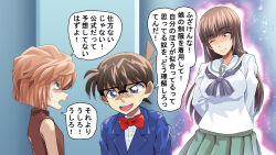  angry arguing brown_hair edogawa_conan fiery_aura girls_und_panzer glasses haibara_ai highres kudou_shin'ichi long_hair meitantei_conan miraino_tsubasa miyano_shiho nishizumi_shiho one_eye_closed ooarai_school_uniform school_uniform simple_background speech_bubble 
