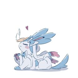  1other alternate_color animal_focus blush bow closed_eyes foznya full_body headpat heart highres pokemon pokemon_(creature) pokemon_focus ribbon shiny_pokemon simple_background smile sylveon tail white_background 