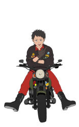  1boy :d adjusting_clothes belt_boots black_boots black_eyes black_hair black_jacket bmw boots brown_gloves buckle buttons clark_(misono) commentary_request earrings flat_color full_body gloves hand_up highres jacket jewelry long_sleeves looking_at_viewer male_focus misono_(msn_png) motor_vehicle motorcycle on_motorcycle open_mouth original pants pants_tucked_in red_pants sanpaku screentones shoe_soles short_bangs short_hair sign simple_background smile solo spread_legs star_(symbol) star_earrings star_sticker sticker straight-on tongue tongue_out tsurime v-shaped_eyebrows very_short_hair warning_sign white_background wing_collar 