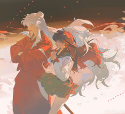  1boy 1girl absurdres afire ahoge animal_ears bead_necklace beads black_sailor_collar choppy_bangs closed_eyes crossed_arms crossed_bandaids dog_boy dog_ears fang floating_hair floral_background hakama head_bump highres higurashi_kagome inuyasha inuyasha_(character) japanese_clothes jewelry limited_palette long_hair long_sidelocks long_sleeves neckerchief necklace open_mouth own_hands_together pleated_skirt red_background red_hair red_hakama red_neckerchief red_skirt red_theme ribbon-trimmed_sleeves ribbon_trim sailor_collar school_uniform serafuku shirt sidelocks simple_bird skin_fang skirt smile star_(symbol) tooth_necklace very_long_hair watermark weibo_username weibo_watermark white_hair white_shirt 