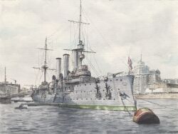  anchor atelier_bono aurora_(russian_cruiser) clouds cloudy_sky commentary_request cruiser flag highres ironclad mast military_vehicle museum no_humans original painting_(medium) russia scenery ship ship_turret sky smokestack st._petersburg traditional_media vehicle_focus warship watercolor_(medium) watercraft 