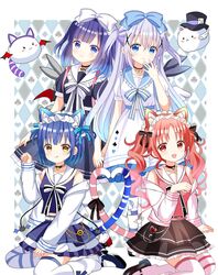  4girls absurdres blue_eyes blue_hair cat_girl dress frilled_dress frills fuiba_fuyu gochuumon_wa_usagi_desu_ka? highres jacket jouga_maya kafuu_chino long_hair multiple_girls natsu_megumi open_clothes open_jacket red_eyes redhead ryoutan short_hair thigh-highs tippy_(gochiusa) white_thighhighs yellow_eyes 