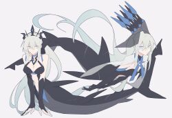  2girls aww_(pixiv4034890) black_bow black_dress black_gloves black_tiara blue_eyes bow crown dress fate/grand_order fate_(series) gloves hair_between_eyes hair_bow long_hair looking_at_viewer morgan_le_fay_(fate) morgan_le_fay_(queen_of_winter)_(fate) morgan_le_fay_(third_ascension)_(fate) multiple_girls ponytail simple_background spikes tiara two-tone_dress veil very_long_hair white_background white_hair 