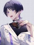  1boy black_shirt candy chocolate chocolate_bar food genshin_impact hair_between_eyes highres jacket male_focus open_mouth purple_hair scaramouche_(genshin_impact) shirt short_hair solo tongue tongue_out user_fzuz2338 violet_eyes white_jacket 