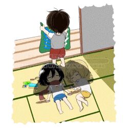  1girl 2boys 5nd_0mc armin_arlert barefoot black_hair blanket blonde_hair blue_shorts brown_hair chibi chibi_only child child&#039;s_drawing closed_eyes dual_wielding eren_yeager full_body hair_between_eyes holding holding_blanket holding_stuffed_toy holding_sword holding_weapon mikasa_ackerman multiple_boys red_scarf red_shorts scarf shade shingeki_no_kyojin shirt short_hair shorts stuffed_animal stuffed_toy sunlight survey_corps_(emblem) sword t-shirt toy_sword weapon white_shirt yellow_shorts 