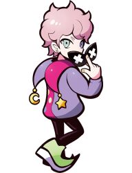  1boy anime_coloring aqua_eyes artist_request black_leotard blue_eyes crazy_raccoon crescent_ornament ear_piercing earrings fingerless_gloves fingernails fluffy_hair francisco_(crazy_raccoon) full_body gloves gold_earrings green_shoes heterochromia hood hood_down hoodie jacket jester_hood jewelry leotard looking_at_viewer looking_back male_focus mismatched_hood mismatched_hoodie official_art piercing pink_hair pink_hood pink_hoodie pointy_shoes polka_dot polka_dot_hoodie purple_hood purple_hoodie purple_sleeve_cuffs purple_sleeves second-party_source shoes short_hair solo star_and_crescent star_ornament sunglasses tachi-e thick_lineart transparent_background unworn_eyewear x_x 