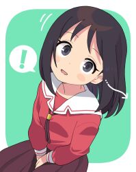  ! 1girl azumanga_daioh azumanga_daioh's_school_uniform blush breasts brown_hair grey_eyes hands_on_own_thighs highres image_in_speech_bubble kasuga_ayumu long_hair looking_at_viewer niwaniha0711 open_mouth outside_border pleated_skirt red_shirt red_skirt sailor_collar school_uniform shirt sitting skirt striped_sleeve_cuffs white_sailor_collar white_sleeve_cuffs 