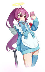  1girl absurdres ahoge apron armband bandaid bandaid_on_face bandaid_on_leg baseball_bat blue_bow blue_jacket blue_thighhighs bow cellphone cowboy_shot frilled_apron frills hair_intakes halo highres holding holding_phone jacket jersey_maid keibi_inu long_hair long_sleeves looking_at_phone maid maid_apron metal_baseball_bat mirror_selfie phone ponytail purple_hair red_armband red_eyes selfie simple_background single_thighhigh sleeves_past_wrists smartphone solo sugiura_ayano taking_picture thigh-highs thighs track_jacket turtleneck turtleneck_jacket unconventional_maid very_long_hair waist_bow white_apron white_background wings yellow_halo yuruyuri zipper_pull_tab 