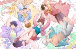  1girl 4boys anniversary arms_behind_head arms_up artem_wing_(tears_of_themis) black_shorts blue_camisole blue_eyes blue_jacket blue_shirt brown_eyes brown_hair brown_shirt brown_shorts camisole collared_shirt commentary dress_shirt english_commentary grey_hair grey_shorts highres jacket jacket_around_neck luke_pearce_(tears_of_themis) marius_von_hagen_(tears_of_themis) multiple_boys open_clothes open_jacket pink_jacket pink_shirt pink_shoes pink_shorts purple_hair purple_jacket rosa_(tears_of_themis) shirt shoes shorts tears_of_themis vyn_richter_(tears_of_themis) white_shirt xeiling yellow_eyes 