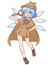  1girl ;d alternate_costume ankle_socks blue_bow blue_bowtie blue_eyes blue_hair bow bowtie bright_pupils brown_cape brown_dress brown_hat brown_shoes cape cirno commentary_request detective dress full_body hair_between_eyes hand_on_own_hip hat looking_at_viewer magnifying_glass mizusoba newsboy_cap one_eye_closed open_mouth peaked_cap plaid_clothes plaid_dress shoes short_dress short_hair simple_background smile socks solo sparkle standing touhou white_background white_pupils white_socks 