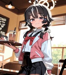   1boy absurdres ai-assisted black_hair black_skirt blue_archive blush bow bowtie bubble_tea cup drinking_straw hair_ornament hairclip halo hepari highres holding holding_tray indoors kisaki_(blue_archive) long_hair long_sleeves looking_at_viewer low_twintails medium_hair pink_eyes pleated_skirt red_bow red_bowtie short_twintails skirt smile solo star_(symbol) star_hair_ornament tray twintails twitter_username window_blinds yellow_halo