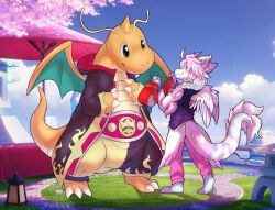  1girl ahoge animal_ear_fluff animal_ears artist_name barefoot belt black_coat black_vest blue_hair blue_skin blue_sky braid brown_eyes championship_belt cherry_blossoms claws closed_mouth clothed_pokemon clouds coat colored_skin commentary commission day dragon dragon_girl dragonite english_commentary eye_contact feathered_wings from_behind full_body fur-tipped_tail furry furry_female gradient_hair grass hair_tie hands_up happy heel_up long_hair long_sleeves looking_at_another multicolored_hair multicolored_skin oil-paper_umbrella open_clothes open_coat original outdoors pants pink_hair pink_pants pink_wings pokemon pokemon_(creature) queen_purrr shirt single_braid sky smile standing two-tone_pants two-tone_skin umbrella vest watermark white_shirt white_skin wings wings_through_clothes 
