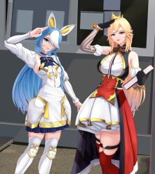  2girls absurdres azur_lane black_gloves blonde_hair blue_eyes blue_hair crown dress fleur-de-lis french_flag gloves hair_over_one_eye highres long_hair looking_at_viewer maille-breze_(azur_lane) multicolored_hair multiple_girls musanix red_eyes red_thighhighs richelieu_(azur_lane) salute shield smile thigh-highs two-finger_salute vertical-striped_sleeves very_long_hair white_hair 