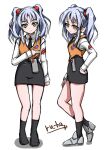  1girl artist_name black_necktie black_skirt black_socks blue_hair full_body grey_footwear hair_bobbles hair_ornament hand_on_own_hip hand_on_own_thigh highres hoshino_ruri kidou_senkan_nadesico long_hair looking_at_viewer miniskirt multiple_views necktie no_shoes orange_vest ru-ha shirt shoes skirt smile socks thighs twintails vest white_shirt yellow_eyes 