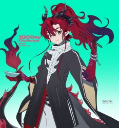  arknights beads betti_(xx_betti) chopsticks closed_mouth colored_skin dragon_horns dragon_tail eastern_dragon_horns eastern_dragon_tail forked_eyebrows green_eyes grey_horns hair_between_eyes hair_intakes highres holding holding_chopsticks horns jewelry long_hair multicolored_hair pointy_ears ponytail red_hair red_skin smile solo tail yu_(arknights) 