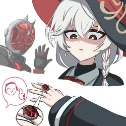  1boy 1girl artist_request blue_archive braid doodle_sensei_(blue_archive) eri_(blue_archive) hat highres jewelry kamen_rider kamen_rider_wizard kamen_rider_wizard_(series) long_hair ring sensei_(blue_archive) shirt thumbs_up white_shirt witch_hat 