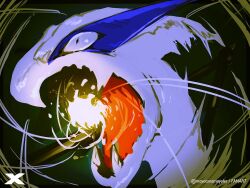  black_eyes commentary fangs lugia mayotsunamayo no_humans open_mouth pokemon pokemon_(creature) pokemon_focus portrait solo tongue twitter_username watermark 