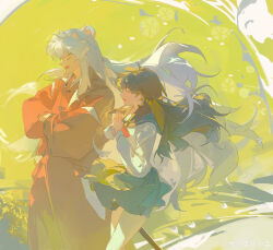  1boy 1girl abstract_background absurdres afire ahoge animal_ears bead_necklace beads black_hair choppy_bangs closed_eyes crossed_arms crossed_bandaids dog_boy dog_ears fang floating_hair floral_background green_sailor_collar green_skirt hakama head_bump highres higurashi_kagome inuyasha inuyasha_(character) japanese_clothes jewelry long_hair long_sidelocks long_sleeves neckerchief necklace open_mouth own_hands_together pleated_skirt red_hakama red_neckerchief ribbon-trimmed_sleeves ribbon_trim sailor_collar school_uniform serafuku shirt sidelocks simple_bird skin_fang skirt smile tooth_necklace very_long_hair watermark weibo_username weibo_watermark white_hair white_shirt yellow_background 