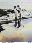  1boy 1girl beach couple husband_and_wife ocean original painting_(medium) reflection reflective_floor shore toirom_pmxh traditional_media water watercolor_(medium) 