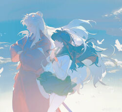  1boy 1girl absurdres afire ahoge animal_ears bead_necklace beads bird blue_background blue_hair blue_sailor_collar blue_skirt blue_sky blue_theme choppy_bangs closed_eyes clouds crossed_arms crossed_bandaids dog_boy dog_ears fang floating_hair hakama head_bump highres higurashi_kagome inuyasha inuyasha_(character) japanese_clothes jewelry limited_palette long_hair long_sidelocks long_sleeves neckerchief necklace open_mouth own_hands_together pleated_skirt red_hakama red_neckerchief ribbon-trimmed_sleeves ribbon_trim sailor_collar school_uniform serafuku shirt sidelocks simple_bird skin_fang skirt sky smile tooth_necklace very_long_hair watermark weibo_username weibo_watermark white_birds white_hair white_shirt 