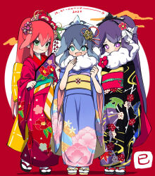  2025 3girls aqua_eyes black_kimono black_shoes blue_hair blue_kimono blush bow bright_pupils camellia_print closed_mouth colored_tips dated_commentary feather_boa floral_print floral_print_kimono flower fubukihime full_body fur_(clothing) furisode green_eyes green_sash grey_hair hagoita hair_between_eyes hair_flower hair_ornament hands_up high_ponytail highres holding holding_paddle huge_bow hyakkihime japanese_clothes kimono long_hair looking_at_viewer morning_glory_print multicolored_hair multiple_girls new_year obi obi_bow obiage obijime open_mouth paddle peony_print ponytail princess_yokai print_kimono purple_hair red_background red_hair red_kimono red_sash sandals sash shoes sleeves_past_fingers sleeves_past_wrists smile socks standing standing_on_one_leg string tsubakihime_(youkai_watch) two-tone_hair violet_eyes white_socks yellow_bow yellow_sash yellow_shoes youkai_(youkai_watch) youkai_watch yuki_onna zouri 
