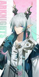  1boy 9_vcat arknights bead_bracelet beads blue_hair bracelet closed_mouth colored_extremities earrings english_text gloves grey_hair hair_between_eyes highres horns jacket jewelry long_hair long_sleeves looking_at_viewer male_focus multicolored_hair pearl_bracelet pink_eyes pointy_ears shirt smile solo tassel upper_body watermark weibo_username weibo_watermark white_shirt yi_(arknights) 