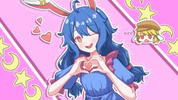  2girls animal_ears asagizu blue_dress blue_hair crescent dress finger_heart floppy_ears hat heart heart-shaped_pupils highres long_hair looking_at_viewer multiple_girls newsboy_cap open_mouth orange_eyes pink_background rabbit_ears red_eyes ringo_(touhou) seiran_(touhou) short_hair smile star_(symbol) symbol-shaped_pupils touhou 