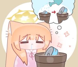 1girl animal_ear_fluff blue_archive blunt_bangs blush brown_background can canned_food chibi closed_eyes closed_mouth commentary drooling halo highres horuhara long_hair mari_(blue_archive) neck_ribbon no_nose orange_hair pajamas pet_food pink_pajamas polka_dot polka_dot_pajamas ribbon saliva simple_background solo speech_bubble thought_bubble white_background yellow_halo 