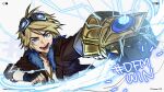  1boy :d antenna_hair black_gloves blonde_hair blue_eyes brown_jacket cropped_jacket cropped_torso energy ezreal fingerless_gloves fur-trimmed_jacket fur_trim gauntlets gloves goggles goggles_on_head highres jacket league_of_legends long_sleeves male_focus open_clothes open_jacket shirt short_hair single_gauntlet smile solo teeth tongue white_background white_shirt wosashimi 