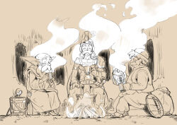  3boys absurdres armor balding beard breastplate brey bucket campfire cape closed_eyes cup dragon_quest dragon_quest_iv facial_hair full_body hand_on_own_knee helmet highres holding holding_cup holding_teapot male_focus multiple_boys mustache old old_man pauldrons plume pouring robe ryan_(dq4) sack shield short_hair shoulder_armor single_pauldron sitting steam sword teapot torneko vest wakana_0125 weapon 