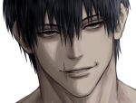  1boy black_hair fushiguro_touji hair_between_eyes head_tilt highres jujutsu_kaisen looking_at_viewer male_focus mature_male portrait sanpaku scar scar_on_face scar_on_mouth seductive_smile short_hair smile solo sso_s thick_eyebrows 