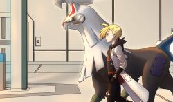  1boy aurantia_ignis black_hoodie black_pants blonde_hair bright_pupils closed_mouth commentary_request fanny_pack from_side gladion_(pokemon) green_eyes grey_eyes highres hood hood_down hoodie indoors jacket lab_coat long_sleeves open_clothes open_jacket pants pokemon pokemon_(creature) pokemon_sm red_bag silvally white_jacket white_pupils 