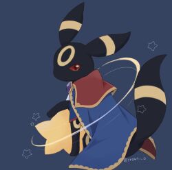  blue_background cape commentary_request looking_back no_humans pokemon pokemon_(creature) pokemon_unite red_eyes solo star_(symbol) twitter_username umbreon umbreon_(noble) yuuri_(yr0471_0) 