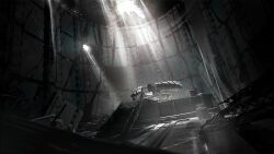  arknights dark game_cg highres hole no_humans official_art pcs_system_(arknights) railing ruins spotlight stairs third-party_source underground 