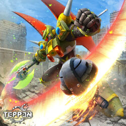  1boy android armor attack_trail axe blue_eyes blue_sky breaking clenched_hand commentary_request company_name copyright_logo copyright_name copyright_notice covered_mouth day double-sided_axe fire green_helmet helmet highres holding holding_axe holding_weapon ishida_baru logo looking_at_viewer male_focus mega_man_(series) mega_man_x:_command_mission mega_man_x_(series) official_art outdoors red_wings robot shoulder_armor shoulder_spikes sky slashing solo sparks spikes standing steel_massimo_(mega_man) swinging_weapon teppen weapon wings 