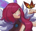  1girl animal blue_hair bug butterfly clenched_hand elderwood_xayah fur_trim hair_ornament hair_over_one_eye hand_up league_of_legends long_hair multicolored_hair redhead simple_background solo two-tone_hair white_background wosashimi xayah yellow_eyes 