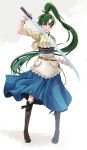  1girl absurdres alternate_costume facing_viewer fire_emblem fire_emblem_engage green_eyes green_hair high_ponytail highres holding holding_sword holding_weapon japanese_clothes looking_at_viewer lyn_(fire_emblem) mani_katti_(fire_emblem) solo sword umi_(_oneinchswing) weapon 