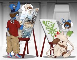  1boy 1other ^_^ anger_vein angry animal_ears animal_feet arm_at_side bandana bandana_around_neck barefoot beanie blue_fur blue_hat body_fur body_switch brown_eyes brown_fur brown_hair brown_pants buck_teeth checkered_bandana closed_eyes closed_mouth commentary commission crossed_arms ears_through_headwear easel english_commentary full_body fur-tipped_tail furry furry_male green_eyes grey_fur hand_up happy hat holding holding_paintbrush hugging_own_legs indoors knees_up original paintbrush painting_(object) pants pawpads personality_switch picture_frame pocket pokemon pokemon_(creature) queen_purrr rabbit_boy rabbit_ears rabbit_tail red_shirt shirt short_hair short_sleeves short_tail sitting smeargle smile speech_bubble split_mouth spoken_character tail teeth two-tone_fur 