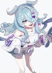  1girl aqua_eyes blue_hair breasts collarbone cross-shaped_pupils elira_pendora elira_pendora_(1st_costume) fangs gloves hair_over_one_eye head_wings highres large_breasts long_hair low_wings mole mole_on_armpit mottari_(mottariquestion) nijisanji nijisanji_en open_mouth overalls simple_background single_glove single_off_shoulder single_sleeve_past_fingers smile solo symbol-shaped_pupils virtual_youtuber white_background white_overalls wings 