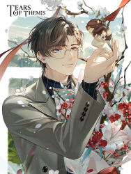  1boy artem_wing_(tears_of_themis) artist_request black_shirt blue_eyes blue_sky bouquet branch brown_hair closed_mouth clouds copyright_name day flower glasses grey_jacket hand_up highres jacket long_sleeves male_focus official_art petals pink_flower red_flower rosa_(tears_of_themis) shirt sky smile solo striped_clothes striped_shirt tears_of_themis thick_eyebrows upper_body vertical-striped_clothes vertical-striped_shirt white_flower 