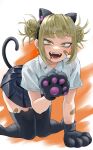  1girl absurdres animal_ears animal_hands bags_under_eyes bandaid bandaid_on_face black_skirt black_thighhighs blonde_hair blunt_bangs boku_no_hero_academia cat_ears cat_tail collared_shirt double_bun fake_animal_ears fengling_(furin-jp) gloves hair_bun highres looking_at_viewer paw_gloves paw_pose pleated_skirt shirt sidelocks skirt slit_pupils solo tail thigh-highs toga_himiko white_shirt yellow_eyes 