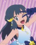  1girl ;d arm_up bare_arms beads black_hair blue_bow blue_dress blue_gloves bow crescent crescent_hair_ornament dress eyelashes gloves gradient_dress grey_eyes hair_ornament happy hikari_(pokemon) long_hair looking_at_viewer mixed-language_commentary noelia_ponce one_eye_closed open_mouth pokemon pokemon_(anime) pokemon_journeys sidelocks sleeveless smile solo star_(symbol) striped striped_background tongue w watermark 