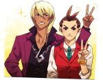  &gt;:( 2boys ace_attorney antenna_hair apollo_justice aqua_necktie black_shirt blonde_hair blue_eyes blush bracelet brown_eyes brown_hair button_gap buttons chain_necklace collared_shirt dark-skinned_male dark_skin drill_hair earrings forked_eyebrows grin hair_over_shoulder hand_on_own_hip highres jacket jewelry klavier_gavin lapel_pin lapels layered_sleeves long_sleeves looking_at_another looking_at_viewer male_focus medium_hair multiple_boys necklace necktie open_clothes open_collar open_jacket pocket popped_collar purple_jacket red_vest ring shirt short_hair single_earring sleeves_rolled_up smile sparkle sweat tarragon upper_body v v-shaped_eyebrows vest white_shirt yellow_background 